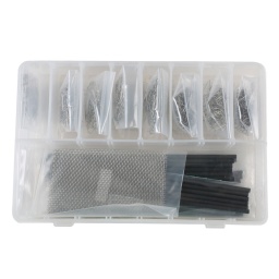 Jeu d'accessoires pour la réparation des plastiques, 427 pièces.
Jeu d'accessoires pour la réparation des plastiques ; inclut des consommables couramment utilisés pour la réparation des plastiques.
Agrafes de 0,6 mm : en forme de U, V, M, W - 50 pièces de chaque ; Agrafes de 0,8 mm : en forme de U, V, M, W - 50 pièces de chaque.
Baguettes de soudure plastique : ABS, PP, PS, PE - 6 pièces de chaque ; 3 treillis en acier inoxydable.
Les agrafes peuvent être utilisées avec les agrafeuses à chaud Power-TEC, n° de réf. 92478, 91781 et 92470. 92446, 92229
Les baguettes de soudure peuvent être utilisées avec les kits de soudage de plastiques Power-TEC, n° de réf. 92452, 92229, 92446, 92418 et 92490.