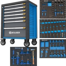 Servante d'atelier 7 tiroirs composée de 147 outils modules mousses
Avec 4 grands modules mousses pleins.

Servante vide réf.72520 :
Dimensions : 710x465x930mm.
Fermeture centralisée des tiroirs.
Blocage individuel des tiroirs.
Tiroirs sur roulements à billes.
4 roues Ø 125mm, dont 2 pivotantes (1 avec frein).
Poignée ergonomique intégrée dans le plan de travail.
Charge maxi : 205kg.
Dimensions intérieures des tiroirs :
- 5 tiroirs 535x400x55mm
- 1 tiroir 535x400x125mm
- 1 tiroir 535x400x195mm.
Composition :
TIROIR 1 :
Module réf.09621 (95pcs)
Composition : 
- 17 douilles 1/2"" : 10, 11, 12, 13, 14, 15, 16, 17, 18, 19, 20, 21, 22, 24, 27, 30, 32mm
- 2 rallonges 1/2"" : 125 et 250mm
- 1 adaptateur 1/2""
- 1 cardan 1/2""
- 18 embouts 1/4"" : 
PH : 1-2
PZ : 1-2
Hex : 3-4-5-6 
SL : 4-5,5-6,5mm 
Torx® : 8-10-15-20-25-27-30
- 8 douilles Torx® : E10-11-12-14-16-18-20-24
- 2 douilles à bougie 1/2"" : 16 et 21mm
- 13 douilles 1/4"" : 4-4,5-5-5,5-6-7-8-9-10-11-12-13-14mm
- 2 rallonges 1/4"" : 50 et 100mm
- 1 rallonge coulissante 1/4" : 115mm
- 1 adaptateur 1/4"
- 1 porte embout 1/2"
- 1 tournevis porte embout
- 17 embouts 8mm : 
Hex 7-8-10-12-14mm
SL : 8-10-12mm
PH : 3-4
PZ : 3-4
Torx® : 40-45-50-55
- 5 douilles Torx® E4-5-6-7-8
- 3 clés mâles 1,5-2-2,5mm
- 1 cliquet 1/4" 72 dents
- 1 cliquet 1/2" 72 dents
TIROIR 2 :
Module réf.09622 (17pcs)
- 17 clés mixtes : 6-7-8-9-10-11-12-13-14-15-16-17-18-19-20-21-22mm
TIROIR 3 :
Module réf.09623 (28pcs)
- 5 tournevis plats : 2x38 - 4x100 - 5x100 - 6x125 - 8x150mm
- 5 tournevis Phillips® : PH2x38 - PH0x75 - PH1x100- PH2x125 - PH3x150mm
- 9 clés mâles Hex : 1,5-2-2,5-3-4-5-6-8-10mm
- 9 clés mâles Torx® : T10-15-20-25-27-30-40-45-50
TIROIR 4 :
Module réf.09624 (7pcs)
- 1 pince droite pour circlips extérieurs 180mm
- 1 pince droite pour circlips intérieurs 180mm
- 1 pince multiprise 245mm
- 1 pince droite à bec 1/2 rond 200mm
- 1 pince coupante 150mm
- 1 maillet
- 1 marteau rivoir