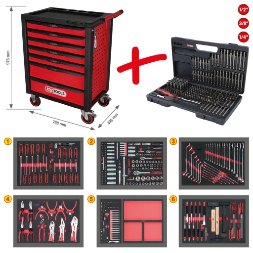 RACINGline Servante d'atelier NOIR/ROUGE avec 7 tiroirs et 598 outils d'excellente qualité