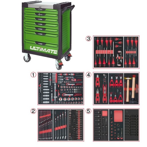 Servante Ultimate verte 7 tiroirs avec composition 384 outils