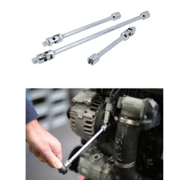 Ces 3 rallonges avec joints universels à ressort ont été conçues pour être placées sur les douilles et présentées aux fixations plus facilement. 
D'une longueur de 150 mm à 305 mm, ces rallonges à carré de 3/8" sont idéales pour les fixations difficiles d'accès, notamment dans les compartiments moteur et sous les tableaux de bord. 
Les ressorts empêchent également le joint de se desserrer avec l'âge et l'usure, ce qui signifie qu'elles resteront faciles à manipuler.
Longueurs : 150, 205, 305 mm.
Joints universels intégrés, parfaits pour une utilisation dans les espaces difficiles à atteindre.
Les ressorts permettent de les fixer aux douilles et de les utiliser plus facilement, et empêchent les joints universels de se desserrer.
En chrome-vanadium avec finition polie.
Un jeu à carré de 1/4 " est également disponible, voir la référence 8495
