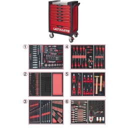 Servante d'atelier 7 tiroirs Ultimate
- Composition 425 outils
Tiroir 1 : Douille 1/4 - Douille 3/8 - Douille 1/2 - douille torx femelle et embouts 10mm torx, allen, xzn (finition mat)
Tiroir 2:  douilles torx femelle embout 10mm, douille choc alle et torx, module de rangement
Tiroir 3: clés mixtes, clés mixtes cliquets réversibles
Tiroir 4: tournevis plat, cruciforme, torx
Trioir 5: pinces, pinces circlips, martellerie
Tiroir 6 : douille automobile, clé choc 515.1210 et douilles chocs
Servante d'atelier kstools. série ultimate. est le modèle de desserte d'atelier. le plus haut de gamme  de la marque. ks tools. 
les tiroirs de la servante d'atelier ultimate, possedent un système de glissière à roulements à billes (résistance 45kg). Equipé du système "one by one"., ouverture d'un seul tiroir a la fois, vous pouvez deplacer votre servante d'atelier sans forcement l'a fermer a clé !
Les tiroirs de cette servante ont une grande capacité. 40cm de profondeur par 57cm de largeur, tout les tiroirs de cette servante d'atelier sont fournis avec un tapis mousse, a installer au fond. 
Le plan de travail des servantes d'atelier Ultimate est recouvert d'un plateau inox et de boitier "range visserie" sur les cotés,
Au niveau du chassis, les pans de cette servante d'atelier sont perfores, se qui vous permet l'instalation de nombreuses options. tel que. un dérouleur de papier, des crochets de fixations...
Cette gamme  de servante d'atelier repond parfaitement au rangement pour le mécanicien, carrossier, mais aussi pour les métiers de l'industrie (rangement d'outils de tours / fraiseuse...) ainsi que des domaines tel que le medical. l'aéronotique...
- construction a pans coupés renforçant la structure du bati
- système "one by one" antibasculement 
- panneau lateral déporté et pré-percé pour fixation de crochet et accessoires
- 2 roues fixes grand diamètre pour une meilleure stabilite et un déplacement aise sur tous types de sols
- 2 roues pivotantes avec système de freinage total
- plan de travail avec rangements et recouvert inox
- tiroirs sur glissieres à billes extra-resistant (45 kg par tiroir)
- tiroirs à ouverture totale
- fermeture totale et simultanee des tiroirs par serrure 
- poignée tubulaire de manutention
- finition "Ultimate"
Composition : 
Module de douilles et accessoires 1/4'' - 3/8'' - 1/2"", 175 pièces ref : 711.1011  finition mat 
- 3 x Cliquets 72 dents bi-matière 1/4’’- 3/8’’- 1/2’’
- 1 x Poignée emmanchée traversante 1/4"
- 2 x Rallonges articulée 1/4’’ 50 - 100 mm
- 1 x Rallonge flexible 1/4" 150 mm 
- 1 x T de force 1/4" 110mm
- 1 x Rallonge articulée 3/8’’  150 mm
- 2 x Rallonges articulée 1/2’’ 125 - 250 mm
- 3 x Cardans 1/4’’ - 3/8’’- 1/2’’
- 2 x Réducteur 1/2" F 3/8" m
- 13 x Douilles 1/4" : 4 - 4,5 - 5 - 5,5 - 6 - 7 - 8 - 9 - 10 - 11 - 12 - 13 - 14mm
- 7 x Douilles longues 1/4" : 4 - 5 - 6 - 7 - 8 - 9 - 10 mm 
- 5 x Douilles TORX E 1/4" : E4 - E5 - E6 - E7 - E8
- 4 x Douilles embout fente  1/4" : E4 - E5 - E6 - E7 - E8 mm
- 3 x Douilles embout PHILIPPS 1/4" : PH1 - PH2 (x2)
- 3 x Douilles embout PROZIDRIV 1/4" : PZ1 - PZ2 (x2)
- 4 x Douilles embout 6 pans mâles 1/4" : 3 - 4 - 5 - 6 mm
- 8 x Douilles embout TORX 1/4" : T8 - T9 - T10 - T15 - T20 - T25 - T27 - T30
- 7 x Douilles embout TORX percé 1/4" : T8 - T10 - T15 - T20 - T25 - T27 - T30
- 10 x Douilles 3/8" : 10 - 11 - 12 - 13 - 14 - 15 mm
- 6 x Douilles longues 3/8" : 10 - 11 - 12 - 13 - 14 - 15 mm
- 6 x Douilles TORX 3/8" : E10 - E11 - E12 - E14 - E16 - E18 
- 1 x Douille 6 pans 3/8" : 18 mm
- 18 x  Douilles 1/2" : 10 - 11 - 12 - 13 - 14 - 15 - 16 - 17 - 18 - 19 - 20 - 21 - 22 - 24 - 27 - 30 - 32 - 34 mm 
- 5 x Douilles longues 1/2" : 16 - 17 - 18 - 19 - 22 mm
- 2 x Douilles TORX 1/2" : E20 - E24
- 1 x Douille porte embout : 1/4" x 1/4"
- 2 x Douilles porte embout : 3/8" x 5/16" et 1/2" x 5/16"
Module d'embouts de vissage et douilles TORX, 88 pièces    ref 713.5010
- 5 x Douilles TORX 1/4" : E4 - E5 - E6 - E7 - E8
- 4 x Douilles TORX 3/8" : E10 - E11 - E12 - E14
- 3 x Douilles TORX 1/2" : E16 - E18 - E20
- 1 x Douille porte-embouts 1/4" x 1/4"
- 2 x Douilles porte-embouts : 3/8" - 10 mm et 1/2" - 10 mm
- 1 x Rallonge : 30 mm
- 3 x Embouts de vissage Fente : 25 mm x (5,5 - 6,5 - 8,0 mm)
- 3 x Embouts de vissage PHILLIPS : 25 mm x (PH1 - PH2 - PH3)
- 6 x Embouts de vissage POZIDRIV : 25 mm x (PZ1 - 2 x PZ2 - 3 x PZ3)
- 3 x Embouts de vissage 6 pans : 25 mm x (4 - 5 - 6 mm)
- 15 x Embouts de vissage TORX percé : 25 mm x (2 x T10 - 3 x T15 - 2 x T20 - 3 x T25 - 3 x T30 - 2 x T40)
- 2 x Embouts de vissage Fente : 30 mm x (8 - 10 mm)
- 2 x Embouts de vissage PHILLIPS : 30 mm x (PH2 - PH3)
- 7 x Embouts de vissage 6 pans : 30 mm x (4 - 5 - 6 - 7 - 8 - 10 - 12 mm)
- 9 x Embouts de vissage TORX percé : 30 mm x (T20 - T25 - T27 - T30 - T40 - T45 - T50 - T55 - T60)
- 5 x Embouts de vissage 12 pans : 30 mm (M5 - bM6 - M10 - M12)
- 5 x Embouts longs 6 pans : 75 mm x (5 - 6 - 7 - 8 - 10 mm)
- 8 x Embouts longs TORX percé : 75 mm x (T20 - T25 - T27 - T30 - T40 - T50 - T55 - T60)
- 4 x Embouts longs 12 pans : 75 mm x (M6 - M8 - M10 - M12)
Module de douilles à chocs 1/2'', 16 pièces ref : 713.1016  
- 8 x Douilles tournevis à choc TORX® 1/2’’: T30 - T40 - T45 - T50 - T55 - T60 - T70 - T80
- 8 x Douilles tournevis à choc 6 pans 1/2’’: 5 - 6 - 8 - 10 - 12 - 14 - 17 - 19 mm
Module vide 1/3 - 1 compartiment ref : 713.1300  
Module de clés mixtes ULTIMATE, 17 pièces   ref 713.2017  
- 17 x Clés mixtes : 6 - 7 - 8 - 9 - 10 - 11 - 12 - 13 - 14 - 15 - 16 - 17 - 18 - 19 - 20 - 21 - 22 mm
Module de clés mixtes ULTIMATE, 5 pièces ref : 713.2015   
- 5 x Clés mixtes : 24 - 27 - 29 - 30 - 32 mm
Module de clés mixtes à cliquet réversible GEARplus avec adaptateurs, 16 pièces ref : 713.2027 
- 12 x Clés mixtes : 8 - 9 - 10 - 11 - 12 - 13 - 14 - 15 - 16 - 17 - 18 - 19 mm
- 1 x Adaptateur pour embout de vissage : 1/4"
- 3 x Adaptateurs à verrouillage pour douilles : 1/4" - 3/8" - 1/2"
Module de vissage, 28 pièces ref : 712.5028  
- 1 x Tournevis ULTIMATE tom pouce Fente : 6,5 mm
- 3 x Tournevis ULTIMATE Fente : 3,5 - 5,5 - 8 mm
- 1 x Tournevis ULTIMATE tom pouce PHILLIPS : PH2
- 3 x Tournevis ULTIMATE PHILLIPS : PH1 - PH2 - PH3
- 1 x Tournevis ULTIMATE tom pouce PROZIDRIV : PZ2
- 3 x Tournevis ULTIMATE PROZIDRIV : PZ1 - PZ2 - PZ3
- 1 x Jeu de clés mâles 6 pans à tête sphérique longues : 2 - 2,5 - 3 - 4 - 5 - 6 - 8 - 10 mm
- 1 x Jeu de clés mâles TORX longues : T10 - T15 - T20 - T25 - T30 - T40 - T45 - T50
Module de tournevis ULTIMATE TORX, 6 pièces ref : 713.5013  
- 6 x Tournevis ULTIMATE TORX : T10 - T15 - T20 - T25 - T30 - T40
Module de pinces, 4 pièces ref : 713.4014  
- 1 x Pince coupante diagonale : L. 160 mm
- 1 x Pince universelle : L. 180 mm
- 1 x Pince à bec demi-rond : L. 200 mm
- 1 x Pince multiprises à verrouillage : L. 250 mm 
Module de 6 pinces à Circlips ref : 713.5006  
- 2 x Pinces à joncs extérieur : 10 - 25 mm, 19 - 60 mm
- 1 x Pince extérieur coudée : 16 - 60 mm
- 2 x Pinces intérieur droites : 12 - 25 mm, 19 - 60 mm
- 1 x Pince intérieur coudée : 19 - 60 mm
Module d'outils de frappe manche bois, 9 pièces ref : 713.1101 
- 1 x Burin de carossier extra-plat : 250 mm
- 6 x Chasse goupilles brunis : 3 - 4 - 5 - 6 - 10 mm
- 1 x Marteau rivoir : 600g
- 1 x Maillet à embouts plastique interchangeables : 340g
Module d'embouts longs pour la mécanique 1/4" - 1/2", 38 pièces ref : 712.5038 
- 5 x Embout 6 pans Extérieur 1/2’’ 55 mm x (14 - 17 - 19 - 22 - 24 mm) 
- 3 x Embout 6 pans Extérieur 140 mm x (10 - 11 - 13 mm)
- 1 x Embout 1/2’’ 6 pans Extérieur 160 mm x (5 mm)
- 1 x Embout 1/2’’ 6 pans Extérieur 240 mm x (7 mm)
- 1 x Embout TORX® 1/2’’ 110 mm x (T80)
- 6 x Embout 1/2’’ TORX® 140 mm x (T40 - T45 - T50 - T55 - T60 - T70)
- 1 x Embout 1/2’’ TORX® 300 mm x (T30)
- 2 x Embout XZN® 1/2’’ 110 mm x (M9 - M16)
- 3 x Embout 1/2’’ XZN® 140 mm x (M10 - M12 - M14)
- 1 x Embout percé XZN® 1/2’’ 55 mm x (M16) 
- 1 x Embout renforcé RIBE® 1/2’’ 100 mm x (M9) 
- 3 x Embout renforcé 1/2’’ RIBE® 240 mm x (M7 - M8 - M10)
- 1 x Embout renforcé XZN® 1/2’’ 75 mm x (M18) 
- 9 x Embout TORX Profil E 1/4’’ : TS10 - TS15 - TS20 - TS25 - TS27 - TS30 - TS40 - TS45 - TS50
Module de douilles et clé à chocs pneumatique 1/2'', 20 pièces ref : 712.1020  
- 1x Clé à chocs pneumatique 1/2’’ 1690Nm
- 14x douilles à choc : 12 - 13 - 14 - 15 - 16 - 17 - 18 - 19 - 21 - 22 - 24 - 27 - 30 - 32 mm
- 3x douilles à choc pour jante alu : 17 - 19 - 21 mm
- 1x rallonge à choc 1/2"
- 1x cardan à choc 125mm
- poids 57kg
- dimension hors tout : l678xl459xh859 (hauteur avec roues 1035mm 
- roue dia 125mm larg 50mm 