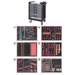 Servante d'atelier 7 tiroirs Ultimate
- Composition 425 outils
Tiroir 1 : Douille 1/4 - Douille 3/8 - Douille 1/2 - douille torx femelle et embouts 10mm torx, allen, xzn (finition mat)
Tiroir 2:  douilles torx femelle embout 10mm, douille choc alle et torx, module de rangement
Tiroir 3: clés mixtes, clés mixtes cliquets réversibles
Tiroir 4: tournevis plat, cruciforme, torx
Trioir 5: pinces, pinces circlips, martellerie
Tiroir 6 : douille automobile, clé choc 515.1210 et douilles chocs
Servante d'atelier kstools. série ultimate. est le modèle de desserte d'atelier. le plus haut de gamme  de la marque. ks tools. 
les tiroirs de la servante d'atelier ultimate, possedent un système de glissière à roulements à billes (résistance 45kg). Equipé du système "one by one"., ouverture d'un seul tiroir a la fois, vous pouvez deplacer votre servante d'atelier sans forcement l'a fermer a clé !
Les tiroirs de cette servante ont une grande capacité. 40cm de profondeur par 57cm de largeur, tout les tiroirs de cette servante d'atelier sont fournis avec un tapis mousse, a installer au fond. 
Le plan de travail des servantes d'atelier Ultimate est recouvert d'un plateau inox et de boitier "range visserie" sur les cotés,
Au niveau du chassis, les pans de cette servante d'atelier sont perfores, se qui vous permet l'instalation de nombreuses options. tel que. un dérouleur de papier, des crochets de fixations...
Cette gamme  de servante d'atelier repond parfaitement au rangement pour le mécanicien, carrossier, mais aussi pour les métiers de l'industrie (rangement d'outils de tours / fraiseuse...) ainsi que des domaines tel que le medical. l'aéronotique...
- construction a pans coupés renforçant la structure du bati
- système "one by one" antibasculement 
- panneau lateral déporté et pré-percé pour fixation de crochet et accessoires
- 2 roues fixes grand diamètre pour une meilleure stabilite et un déplacement aise sur tous types de sols
- 2 roues pivotantes avec système de freinage total
- plan de travail avec rangements et recouvert inox
- tiroirs sur glissieres à billes extra-resistant (45 kg par tiroir)
- tiroirs à ouverture totale
- fermeture totale et simultanee des tiroirs par serrure 
- poignée tubulaire de manutention
- finition "Ultimate"
Composition : 
Module de douilles et accessoires 1/4'' - 3/8'' - 1/2"", 175 pièces ref : 711.1011  finition mat 
- 3 x Cliquets 72 dents bi-matière 1/4’’- 3/8’’- 1/2’’
- 1 x Poignée emmanchée traversante 1/4"
- 2 x Rallonges articulée 1/4’’ 50 - 100 mm
- 1 x Rallonge flexible 1/4" 150 mm 
- 1 x T de force 1/4" 110mm
- 1 x Rallonge articulée 3/8’’  150 mm
- 2 x Rallonges articulée 1/2’’ 125 - 250 mm
- 3 x Cardans 1/4’’ - 3/8’’- 1/2’’
- 2 x Réducteur 1/2" F 3/8" m
- 13 x Douilles 1/4" : 4 - 4,5 - 5 - 5,5 - 6 - 7 - 8 - 9 - 10 - 11 - 12 - 13 - 14mm
- 7 x Douilles longues 1/4" : 4 - 5 - 6 - 7 - 8 - 9 - 10 mm 
- 5 x Douilles TORX E 1/4" : E4 - E5 - E6 - E7 - E8
- 4 x Douilles embout fente  1/4" : E4 - E5 - E6 - E7 - E8 mm
- 3 x Douilles embout PHILIPPS 1/4" : PH1 - PH2 (x2)
- 3 x Douilles embout PROZIDRIV 1/4" : PZ1 - PZ2 (x2)
- 4 x Douilles embout 6 pans mâles 1/4" : 3 - 4 - 5 - 6 mm
- 8 x Douilles embout TORX 1/4" : T8 - T9 - T10 - T15 - T20 - T25 - T27 - T30
- 7 x Douilles embout TORX percé 1/4" : T8 - T10 - T15 - T20 - T25 - T27 - T30
- 10 x Douilles 3/8" : 10 - 11 - 12 - 13 - 14 - 15 mm
- 6 x Douilles longues 3/8" : 10 - 11 - 12 - 13 - 14 - 15 mm
- 6 x Douilles TORX 3/8" : E10 - E11 - E12 - E14 - E16 - E18 
- 1 x Douille 6 pans 3/8" : 18 mm
- 18 x  Douilles 1/2" : 10 - 11 - 12 - 13 - 14 - 15 - 16 - 17 - 18 - 19 - 20 - 21 - 22 - 24 - 27 - 30 - 32 - 34 mm 
- 5 x Douilles longues 1/2" : 16 - 17 - 18 - 19 - 22 mm
- 2 x Douilles TORX 1/2" : E20 - E24
- 1 x Douille porte embout : 1/4" x 1/4"
- 2 x Douilles porte embout : 3/8" x 5/16" et 1/2" x 5/16"
Module d'embouts de vissage et douilles TORX, 88 pièces    ref 713.5010
- 5 x Douilles TORX 1/4" : E4 - E5 - E6 - E7 - E8
- 4 x Douilles TORX 3/8" : E10 - E11 - E12 - E14
- 3 x Douilles TORX 1/2" : E16 - E18 - E20
- 1 x Douille porte-embouts 1/4" x 1/4"
- 2 x Douilles porte-embouts : 3/8" - 10 mm et 1/2" - 10 mm
- 1 x Rallonge : 30 mm
- 3 x Embouts de vissage Fente : 25 mm x (5,5 - 6,5 - 8,0 mm)
- 3 x Embouts de vissage PHILLIPS : 25 mm x (PH1 - PH2 - PH3)
- 6 x Embouts de vissage POZIDRIV : 25 mm x (PZ1 - 2 x PZ2 - 3 x PZ3)
- 3 x Embouts de vissage 6 pans : 25 mm x (4 - 5 - 6 mm)
- 15 x Embouts de vissage TORX percé : 25 mm x (2 x T10 - 3 x T15 - 2 x T20 - 3 x T25 - 3 x T30 - 2 x T40)
- 2 x Embouts de vissage Fente : 30 mm x (8 - 10 mm)
- 2 x Embouts de vissage PHILLIPS : 30 mm x (PH2 - PH3)
- 7 x Embouts de vissage 6 pans : 30 mm x (4 - 5 - 6 - 7 - 8 - 10 - 12 mm)
- 9 x Embouts de vissage TORX percé : 30 mm x (T20 - T25 - T27 - T30 - T40 - T45 - T50 - T55 - T60)
- 5 x Embouts de vissage 12 pans : 30 mm (M5 - bM6 - M10 - M12)
- 5 x Embouts longs 6 pans : 75 mm x (5 - 6 - 7 - 8 - 10 mm)
- 8 x Embouts longs TORX percé : 75 mm x (T20 - T25 - T27 - T30 - T40 - T50 - T55 - T60)
- 4 x Embouts longs 12 pans : 75 mm x (M6 - M8 - M10 - M12)
Module de douilles à chocs 1/2'', 16 pièces ref : 713.1016  
- 8 x Douilles tournevis à choc TORX® 1/2’’: T30 - T40 - T45 - T50 - T55 - T60 - T70 - T80
- 8 x Douilles tournevis à choc 6 pans 1/2’’: 5 - 6 - 8 - 10 - 12 - 14 - 17 - 19 mm
Module vide 1/3 - 1 compartiment ref : 713.1300  
Module de clés mixtes ULTIMATE, 17 pièces   ref 713.2017  
- 17 x Clés mixtes : 6 - 7 - 8 - 9 - 10 - 11 - 12 - 13 - 14 - 15 - 16 - 17 - 18 - 19 - 20 - 21 - 22 mm
Module de clés mixtes ULTIMATE, 5 pièces ref : 713.2015   
- 5 x Clés mixtes : 24 - 27 - 29 - 30 - 32 mm
Module de clés mixtes à cliquet réversible GEARplus avec adaptateurs, 16 pièces ref : 713.2027 
- 12 x Clés mixtes : 8 - 9 - 10 - 11 - 12 - 13 - 14 - 15 - 16 - 17 - 18 - 19 mm
- 1 x Adaptateur pour embout de vissage : 1/4"
- 3 x Adaptateurs à verrouillage pour douilles : 1/4" - 3/8" - 1/2"
Module de vissage, 28 pièces ref : 712.5028  
- 1 x Tournevis ULTIMATE tom pouce Fente : 6,5 mm
- 3 x Tournevis ULTIMATE Fente : 3,5 - 5,5 - 8 mm
- 1 x Tournevis ULTIMATE tom pouce PHILLIPS : PH2
- 3 x Tournevis ULTIMATE PHILLIPS : PH1 - PH2 - PH3
- 1 x Tournevis ULTIMATE tom pouce PROZIDRIV : PZ2
- 3 x Tournevis ULTIMATE PROZIDRIV : PZ1 - PZ2 - PZ3
- 1 x Jeu de clés mâles 6 pans à tête sphérique longues : 2 - 2,5 - 3 - 4 - 5 - 6 - 8 - 10 mm
- 1 x Jeu de clés mâles TORX longues : T10 - T15 - T20 - T25 - T30 - T40 - T45 - T50
Module de tournevis ULTIMATE TORX, 6 pièces ref : 713.5013  
- 6 x Tournevis ULTIMATE TORX : T10 - T15 - T20 - T25 - T30 - T40
Module de pinces, 4 pièces ref : 713.4014  
- 1 x Pince coupante diagonale : L. 160 mm
- 1 x Pince universelle : L. 180 mm
- 1 x Pince à bec demi-rond : L. 200 mm
- 1 x Pince multiprises à verrouillage : L. 250 mm 
Module de 6 pinces à Circlips ref : 713.5006  
- 2 x Pinces à joncs extérieur : 10 - 25 mm, 19 - 60 mm
- 1 x Pince extérieur coudée : 16 - 60 mm
- 2 x Pinces intérieur droites : 12 - 25 mm, 19 - 60 mm
- 1 x Pince intérieur coudée : 19 - 60 mm
Module d'outils de frappe manche bois, 9 pièces ref : 713.1101 
- 1 x Burin de carossier extra-plat : 250 mm
- 6 x Chasse goupilles brunis : 3 - 4 - 5 - 6 - 10 mm
- 1 x Marteau rivoir : 600g
- 1 x Maillet à embouts plastique interchangeables : 340g
Module d'embouts longs pour la mécanique 1/4" - 1/2", 38 pièces ref : 712.5038 
- 5 x Embout 6 pans Extérieur 1/2’’ 55 mm x (14 - 17 - 19 - 22 - 24 mm) 
- 3 x Embout 6 pans Extérieur 140 mm x (10 - 11 - 13 mm)
- 1 x Embout 1/2’’ 6 pans Extérieur 160 mm x (5 mm)
- 1 x Embout 1/2’’ 6 pans Extérieur 240 mm x (7 mm)
- 1 x Embout TORX® 1/2’’ 110 mm x (T80)
- 6 x Embout 1/2’’ TORX® 140 mm x (T40 - T45 - T50 - T55 - T60 - T70)
- 1 x Embout 1/2’’ TORX® 300 mm x (T30)
- 2 x Embout XZN® 1/2’’ 110 mm x (M9 - M16)
- 3 x Embout 1/2’’ XZN® 140 mm x (M10 - M12 - M14)
- 1 x Embout percé XZN® 1/2’’ 55 mm x (M16) 
- 1 x Embout renforcé RIBE® 1/2’’ 100 mm x (M9) 
- 3 x Embout renforcé 1/2’’ RIBE® 240 mm x (M7 - M8 - M10)
- 1 x Embout renforcé XZN® 1/2’’ 75 mm x (M18) 
- 9 x Embout TORX Profil E 1/4’’ : TS10 - TS15 - TS20 - TS25 - TS27 - TS30 - TS40 - TS45 - TS50
Module de douilles et clé à chocs pneumatique 1/2'', 20 pièces ref : 712.1020  
- 1x Clé à chocs pneumatique 1/2’’ 1690Nm
- 14x douilles à choc : 12 - 13 - 14 - 15 - 16 - 17 - 18 - 19 - 21 - 22 - 24 - 27 - 30 - 32 mm
- 3x douilles à choc pour jante alu : 17 - 19 - 21 mm
- 1x rallonge à choc 1/2"
- 1x cardan à choc 125mm
- poids 57kg
- dimension hors tout : l678xl459xh859 (hauteur avec roues 1035mm 
- roue dia 125mm larg 50mm 