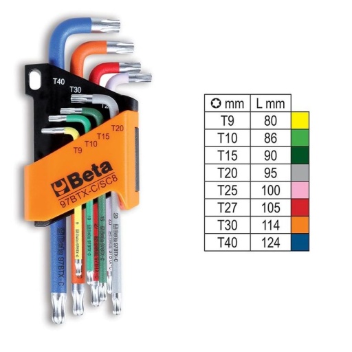 Jeu de 8 clés mâles coudées colorées à tête sphérique pour vis Torx