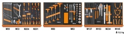 Composition de 91 outils pour la maintenance générale en plateaux mousse compacte
42	clés mixtes 6÷21 mm	
55	clés à fourches 6x7 - 8x9 - 10x11 - 12x13 - 14x15 - 16x17 18x19 - 20x22 mm	
96/SC9	clés mâles 6 pans coudées 1,5 - 2 - 2,5 - 3 - 4 - 5 - 6 - 8 - 10 mm	
1267TX	tournevis pour vis Torx® T8-T10-T15-T20-T25-T30	
1260	tournevis pour vis à fente 3x75-4x100-6,5x150 mm	
1262	tournevis pour vis Phillips® PH0x60-PH1x80-PH2x100 mm	
96T	clés mâles 6 pans à poignée en T 2-2,5-3-4-5-6-7-8 mm	
920AN/125	rallonge angulaire - 1/2” 125 mm	
920AN/250	rallonge angulaire - 1/2” 250 mm	
920/25	cardan 1/2"	
920/42	poignée coulissante 1/2"	
920/55	cliquet réversible 1/2" 
920A	douilles 6 pans avec carré conducteur femelle 1/2"  10÷24 - 26 - 27 - 30 - 32 mm	
1084	Pince coupante diagonale à faible effort de coupe  160 mm	
1150	pince à becs demi-ronds longs 180 mm	
1166	Pince à becs demi-ronds longs 160 mm	
1048N	Pince multiprise entrepassée 250 mm	
1052	pince - étau à becs droits 240 mm	
35	burins nervurés 100 - 200 mm	
1370	marteau de mécanicien 300 g	
1390	maillet à embouts nylon, manche en bois Ø 35 mm	
1032	pinces pour circlips intérieurs à becs droits 180 mm	
1034	pinces pour circlips intérieurs à becs coudés 170 mm	
1036	pinces pour circlips extérieurs à becs droits 175 mm	
1038	pinces pour circlips extérieurs à becs coudés 175 mm