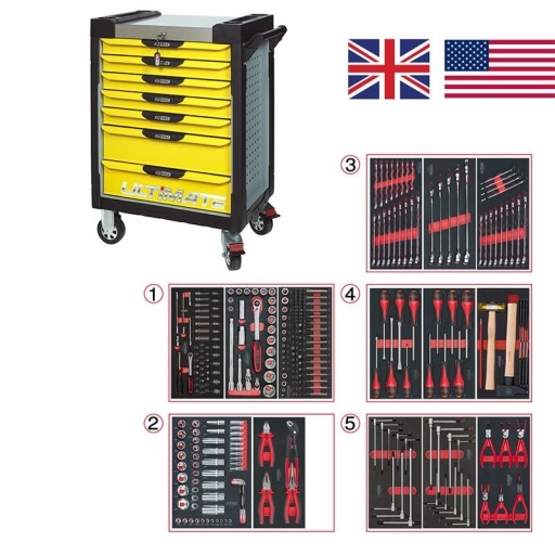 Servante Ultimate jaune 7 tiroirs avec composition 311 outils cote en pouce