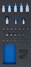 Étendue de la livraison5 x douilles à embouts, avec cannelure, carré 12,5 mm (1/2"), profil T (pour Torx) : T45 - T50 - T55 - T60 - T707 x embouts, carré 6,3 mm (1/4"), profil T (pour Torx) : T10 - T15 - T20 - T25 - T27 - T30 - T4012 x embouts, carré 6,3 mm (1/4"), profil T (pour Torx) avec perçage : T10 - T15 - T20 - T25 - T27 - T30 - T40 - T45 - T50 - T55 - T60 - T703 x adaptateur d'embout, carré femelle sur six pans creux 6,3 mm (1/4") - 10 mm (3/8") - 12,5 mm (1/2")