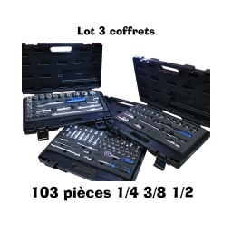 Lot de 3 coffrets douilles 1/4 3/8 1/2"
composition 1/4
cliquet 1/4" - 72 dents
tournevis 1/4"
rallonge 50 - 100 mm rallonge flex 150 mm t1/4 110 mm cardan 1/4"
douilles courtes :4 - 4.5 - 5 - 5.5 - 6 - 7 - 8 - 9 - 10 - 11 - 12 - 13 - 14 mm douilles longues : 6 - 7 - 8 - 9 - 10 - 11 - 12 - 13 mm porte embout 1/4" x 1/4"
embouts plats 4 - 5.5 - 8 mm embouts ph1 - ph2 - ph3 pz1 - pz2
embouts allen 3 - 4 - 5 - 6 - 7 - 8 mm embouts torx t10 - t15 - t20 - t25 - t27 - t30 - t40
embouts xzn mm - mm - mm - m8
composition 3/8
cliquet 3/8" - 72 dents
rallonge 75 - 250 mm carré coulissant
cardan 3/8"
douilles courtes :6 - 7 - 8 - 9 - 10 - 11 - 12 - 13 14 - 15 - 16 - 17 18 - 19 - 20 - 21 - 22 - 24 mm douilles bougies 16-21mm composition 1/2"
cliquet 1/2" - 72 dents
rallonge 125 - 250 mm cardan 1/2
carre coulissant 
douilles courtes :10 - 11 - 12 - 13 - 14 - 15 - 16 - 17 - 18 - 19 - 20 - 21 - 22 - 24 - 27 - 30 - 32 mm douilles bougies 16-21mm 