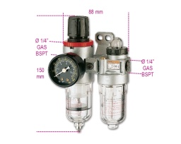 -Appareil modulaire composé d'un filtre de condensation et d'un lubrificateur
-Le groupe comprend : filtre régulateur de pression équipé d'un dispositif de blocage, mélangeur air/huile de type à micro-brouillard avec régulateur d'intensité, cuves en polycarbonate avec soupape de décharge eau semi-automatique, manomètre analogique à double échelle (bars-psi), bride de fixation
