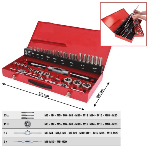 Coffret de tarauds et fili&egrave;res HSS Co 54 pcs 