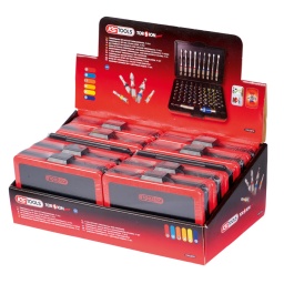 Entraînement 6 pans 1/4" selon DIN 3126 / ISO 1173 - C 6,3 
Pour une utilisation manuelle ou avec visseuse 
Code couleur empreinte 
Acier nickelé 
Porte-embouts magnétique à verrouillage automatique 1/4" 


