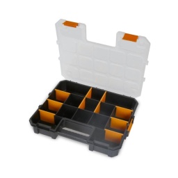 PETIT coffret organiseur comprenant 15 compartiments et 10 séparateurs amovibles
C'est la solution parfaite pour transporter de petits éléments, notamment des vis, des écrous, des rondelles, des rivets ou des chevilles.

-Couvercle transparent robuste, conçu pour empêcher les éléments de sortir des compartiments
-Séparateurs amovibles, permettant de former des compartiments de différentes tailles, en fonction des besoins.
-Peuvent être empilables et accrochés ensembles
-Dimensions intérieures : 345 x 290 mm