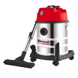 Aspirateur eaux et poussières cuve inox 
Garantie 2 ans
Avec accessoires
4 supports d'accessoires
Avec poignée intégrée à la tête d'aspiration
Chaine antistatique
Fonction souffleur 

Livré avec: 
- Flexible 2m, 2 tubes rigides chromés, 1 suceur biseau, 1 brosse ronde, 1 suceur combiné eau poussière, filtre textle.

Cuve inox, capacité cuve 20L, dépression: 20kpa
Dépression: 20kpa
Puissance maxi: 1200W
tension: 230V
Décibels: 78 db
Diamètre kit accessoires : 32mm
Débit air: 45 l/s
Nombre de moteur: 1
Longueur de cable: 5m- 2 x 0,75mm2
Moteur 1 er etage 
Dimensions: 35 x 35 x52cm
Poids: 7kg 
