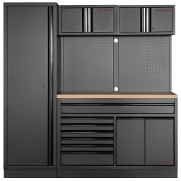 KMOBILIO combinaison 2 éléments large BLACKGrand espace de rangement avec7 tiroirs (1 extra large, 6 plus étroits), deux compartiments extractibles, armoire suspendue et colonne haute avec 4 tablettes.Glissières à roulement à billes pour une ouverture facile, 12 bacs en plastique bleu pour un rangement organisé.Avec serrure et 2 clés, poubelle intégrée, plateau en multiplis de hêtre robuste de 35 mm,2 panneaux perforés et passages de câbles.Disponible en noir : 3964K-BLK-021 et en gris : 3964K-H1W2-K2L 1960 × H 2000 × P 488 mm