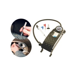 Kit de gonflage et entretien de roue 3 outils essentiels dans un kit Pompe manuelle approuvée GS/TUV disposant de 2 buses en plastique pour gonfler d'une part les ballons et d'autres les roues de vélo La capacité de la pompe est de 7 bars - longueur du flexible environ 600 mm avec une tolerance de 600mm  Gauge de controle des rainures des roues Jauge de pression des pneus