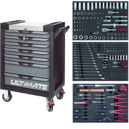 Servante d'atelier 7 tiroirs Ultimate
- Composition 340 outils ks tools eco line
la servante d'atelier kstools. série ultimate. est le modèle de desserte d'atelier. le plus haut de gamme  de la marque. ks tools. 
les tiroirs de la servante d'atelier ultimate, possedent un système de glissière à roulements à billes (résistance 45kg). Equipé du système "one by one"., ouverture d'un seul tiroir a la fois, vous pouvez deplacer votre servante d'atelier sans forcement l'a fermer a clé !
Les tiroirs de cette servante ont une grande capacité. 40cm de profondeur par 57cm de largeur, tout les tiroirs de cette servante d'atelier sont fournis avec un tapis mousse, a installer au fond. 
Le plan de travail des servantes d'atelier Ultimate est recouvert d'un plateau inox et de boitier "range visserie" sur les cotés,
Au niveau du chassis, les pans de cette servante d'atelier sont perfores, se qui vous permet l'instalation de nombreuses options. tel que. un dérouleur de papier, des crochets de fixations...
Cette gamme  de servante d'atelier repond parfaitement au rangement pour le mécanicien, carrossier, mais aussi pour les métiers de l'industrie (rangement d'outils de tours / fraiseuse...) ainsi que des domaines tel que le medical. l'aéronotique...
- construction a pans coupés renforçant la structure du bati
- système "one by one" antibasculement 
- panneau lateral déporté et pré-percé pour fixation de crochet et accessoires
- 2 roues fixes grand diamètre pour une meilleure stabilite et un déplacement aise sur tous types de sols
- 2 roues pivotantes avec système de freinage total
- plan de travail avec rangements et recouvert inox
- tiroirs sur glissieres à billes extra-resistant (45 kg par tiroir)
- tiroirs à ouverture totale
- fermeture totale et simultanee des tiroirs par serrure 
- poignée tubulaire de manutention
- finition "Ultimate"
- poids 57kg
Contenu de la composition ECO line :
Tiroir 1 - 1/4" :
Douilles courtes : 4 à 14 mm Douilles longues : 6 à 13 mm 
Douille porte-embouts : 1/4’’ x 1/4’’
Rallonges : 50 et 100 mm Cardan universel
Cliquet 45 dents
Embouts de vissage 5/16"
Embouts de vissage 1/4" 
Tiroir 2 :
Clés mixtes : 6 à 22 mm Tournevis Plats et PHILIPS
Tournevis testeur : 150-250V
Lampe de poche à LEDs
Maillet
Marteau rivoir à manche Hickory : 400g
Burin
Chasse-goupilles brunis octogonaux : 3 à 8 mm Tournevis électroniques
Porte-embouts magnétique L. 50 mm Tournevis porte-embouts magnétique à cliquet
Jeu de 8 clés mâles 6 pans à tête sphérique longues : 2 à 10 mm Douilles courtes 1/2" : 10 à 32 mm Douilles bougies 1/2" : 16 – 21 mm Rallonges 1/2" : 125 et 250 mm Cardan universel 1/2"
Cliquet 45 dents 1/2"
Tiroir 3 :
Lime demi-ronde demi-douce
Cutter 18 mm et paquet de 10 lames de rechange
Monture de scie métallique
Pince universelle
Pince coupante
Pince à bec demi-rond
Pince multiprise gainée 10’
Pince à sertir et cosses
Colliers nylon
- dimension hors tout : l678xl459xh859 (hauteur avec roues 1035mm 
- roue dia 125mm larg 50mm 