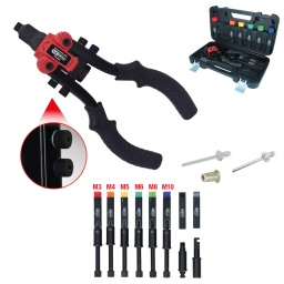 Adapt&eacute; pour les rivets aveugles, les &eacute;crous aveugles et les grignoteuses
Avec deux inserts pour grignoteuse
Livr&eacute;e avec 5&nbsp;embouchures &eacute;changeables et 6&nbsp;broches de traction pour &eacute;crous aveugles
Changement d&rsquo;embouchure sans outil
Limite la d&eacute;pense d&rsquo;&eacute;nergie gr&acirc;ce &agrave; une technique de levier innovante
T&ecirc;te fine
Poign&eacute;e en caoutchouc
Corps en acier sp&eacute;cial pour outils
