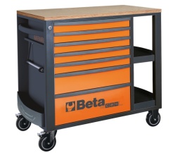Servante mobile BETA avec 7 tiroirs (588x367 mm) avec glissi&egrave;res &agrave; roulement &agrave; billes: 
- 5 tiroirs, 70 mm de haut 
- 1 tiroir, 140 mm de haut 
- 1 tiroir, 210 mm de haut Fonctionnalit&eacute;s: 
- Bases de tiroirs prot&eacute;g&eacute;es par des tapis en caoutchouc mouss&eacute; 
- 4 roulettes, E 125 mm :  2 fixes et 2 directions avec freins 
- Serrure centralis&eacute;e avant 
- Capacit&eacute; de charge statique : 1 100 kg 
- Plan de travail en bois avec trous pour un vice (1599 100, &agrave; commander s&eacute;par&eacute;ment) 
- Compartiment lat&eacute;ral avec &eacute;tag&egrave;re r&eacute;glable verticalement 
- Support de rouleau de papier int&eacute;gr&eacute; 
- Double porte-flacons arri&egrave;re
