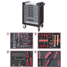 Servante d'atelier 5 tiroirs Ultimate
- Composition 355 outils ks tools
Tiroir 1 : Douille 1/4 - douille 3/8 - douille 1/2 finition mat
Tiroir 2: tournevis cliquet et embouts, pinces
Tiroir 3: tournevis , martellerie
Tiroir 4: clés mixte, clés contre coudée, clés fourches
la servante d'atelier kstools. série ultimate. est le modèle de desserte d'atelier. le plus haut de gamme  de la marque. ks tools. 
les tiroirs de la servante d'atelier ultimate, possedent un système de glissière à roulements à billes (résistance 45kg). Equipé du système "one by one"., ouverture d'un seul tiroir a la fois, vous pouvez deplacer votre servante d'atelier sans forcement l'a fermer a clé !
Les tiroirs de cette servante ont une grande capacité. 40cm de profondeur par 57cm de largeur, tout les tiroirs de cette servante d'atelier sont fournis avec un tapis mousse, a installer au fond. 
Le plan de travail des servantes d'atelier Ultimate est recouvert d'un plateau inox et de boitier "range visserie" sur les cotés,
Au niveau du chassis, les pans de cette servante d'atelier sont perfores, se qui vous permet l'instalation de nombreuses options. tel que. un dérouleur de papier, des crochets de fixations...
Cette gamme  de servante d'atelier repond parfaitement au rangement pour le mécanicien, carrossier, mais aussi pour les métiers de l'industrie (rangement d'outils de tours / fraiseuse...) ainsi que des domaines tel que le medical. l'aéronotique...
- construction a pans coupés renforçant la structure du bati
- système "one by one" antibasculement 
- panneau lateral déporté et pré-percé pour fixation de crochet et accessoires
- 2 roues fixes grand diamètre pour une meilleure stabilite et un déplacement aise sur tous types de sols
- 2 roues pivotantes avec système de freinage total
- plan de travail avec rangements et recouvert inox
- tiroirs sur glissieres à billes extra-resistant (45 kg par tiroir)
- tiroirs à ouverture totale
- fermeture totale et simultanee des tiroirs par serrure 
- poignée tubulaire de manutention
- finition "Ultimate"
- poids 57kg
Composition : 
Module de douilles et accessoires 1/4'' - 3/8'' - 1/2"", 175 pièces ref : 711.1011 finition mat   
- 3 x Cliquets 72 dents bi-matière 1/4’’- 3/8’’- 1/2’’
- 1 x Poignée emmanchée traversante 1/4"
- 2 x Rallonges articulée 1/4’’ 50 - 100 mm
- 1 x Rallonge flexible 1/4" 150 mm 
- 1 x T de force 1/4" 110mm
- 1 x Rallonge articulée 3/8’’  150 mm
- 2 x Rallonges articulée 1/2’’ 125 - 250 mm
- 3 x Cardans 1/4’’ - 3/8’’- 1/2’’
- 2 x Réducteur 1/2" F 3/8" m
- 13 x Douilles 1/4" : 4 - 4,5 - 5 - 5,5 - 6 - 7 - 8 - 9 - 10 - 11 - 12 - 13 - 14mm
- 7 x Douilles longues 1/4" : 4 - 5 - 6 - 7 - 8 - 9 - 10 mm 
- 5 x Douilles TORX E 1/4" : E4 - E5 - E6 - E7 - E8
- 4 x Douilles embout fente  1/4" : E4 - E5 - E6 - E7 - E8 mm
- 3 x Douilles embout PHILIPPS 1/4" : PH1 - PH2 (x2)
- 3 x Douilles embout PROZIDRIV 1/4" : PZ1 - PZ2 (x2)
- 4 x Douilles embout 6 pans mâles 1/4" : 3 - 4 - 5 - 6 mm
- 8 x Douilles embout TORX 1/4" : T8 - T9 - T10 - T15 - T20 - T25 - T27 - T30
- 7 x Douilles embout TORX percé 1/4" : T8 - T10 - T15 - T20 - T25 - T27 - T30
- 10 x Douilles 3/8" : 10 - 11 - 12 - 13 - 14 - 15 mm
- 6 x Douilles longues 3/8" : 10 - 11 - 12 - 13 - 14 - 15 mm
- 6 x Douilles TORX 3/8" : E10 - E11 - E12 - E14 - E16 - E18 
- 1 x Douille 6 pans 3/8" : 18 mm
- 18 x  Douilles 1/2" : 10 - 11 - 12 - 13 - 14 - 15 - 16 - 17 - 18 - 19 - 20 - 21 - 22 - 24 - 27 - 30 - 32 - 34 mm 
- 5 x Douilles longues 1/2" : 16 - 17 - 18 - 19 - 22 mm
- 2 x Douilles TORX 1/2" : E20 - E24
- 1 x Douille porte embout : 1/4" x 1/4"
- 2 x Douilles porte embout : 3/8" x 5/16" et 1/2" x 5/16"
Module clés
- 17 clés mixtes 6-7-8-9-10-11-12-13-14-15-16-17-18-19-20-21-22
- 1 clé à tuyauter 11mm
- 8 clés contre coudée 6x7-8x9-10x11-12x13-14x15-16x17-18x19-21x23mm
- 10 clés fourches 6x7-8x9-10x11-12x13-14x15-16x17-18x19-20x22-27x24-30x32mm
Module de vissage, 28 pièces ref : 712.5028  
- 1 x Tournevis ULTIMATE tom pouce Fente : 6,5 mm
- 3 x Tournevis ULTIMATE Fente : 3,5 - 5,5 - 8 mm
- 1 x Tournevis ULTIMATE tom pouce PHILLIPS : PH2
- 3 x Tournevis ULTIMATE PHILLIPS : PH1 - PH2 - PH3
- 1 x Tournevis ULTIMATE tom pouce PROZIDRIV : PZ2
- 3 x Tournevis ULTIMATE PROZIDRIV : PZ1 - PZ2 - PZ3
- 1 x Jeu de clés mâles 6 pans à tête sphérique longues : 2 - 2,5 - 3 - 4 - 5 - 6 - 8 - 10 mm
- 1 x Jeu de clés mâles TORX longues : T10 - T15 - T20 - T25 - T30 - T40 - T45 - T50
Module de vissage, 103 pièces avec tournevis cliquat 
Module de pinces, 4 pièces ref : 713.4014  
- 1 x Pince coupante diagonale : L. 160 mm
- 1 x Pince universelle : L. 180 mm
- 1 x Pince à bec demi-rond : L. 200 mm
- 1 x Pince multiprises à verrouillage : L. 250 mm
Module d'outils de frappe manche bois, 9 pièces ref : 713.1101    
- 1 x Burin de carossier extra-plat : 250 mm
- 6 x Chasse goupilles brunis : 3 - 4 - 5 - 6 - 10 mm
- 1 x Marteau rivoir : 600g
- 1 x Maillet à embouts plastique interchangeables : 340g
- dimension hors tout : l678xl459xh859 (hauteur avec roues 1035mm 
- roue dia 125mm larg 50mm 