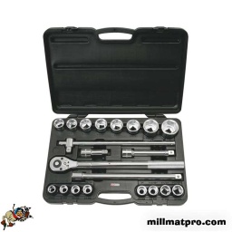 Coffret 21 pièces douilles 3/4 chrome plus

- chrome vanadium finition polie chrome plus
- cliquet equipe du système d'ejection de douille
- poignée striée pour un meilleur grip
- coffret en composite ultra resistant

composition :
3/4" Cliquet réversible CHROMEplus 24 dents
 Rallonges, 100mm 
 Rallonges, 200mm
 Rallonges, 400mm 
 Poignée coulissante T, 450 mm 
 Douilles 6 pans, courtes, 19,21,22,23,24,26,27,29,30,32,35,36,38,41,46,50mm 