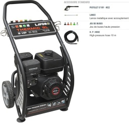 Nettoyeur haute pression pro thermique 
Moteur 9HP à essence sans plomb
Pompe linéaire 3 pistons revêtus céramique, tête de pompe en laiton avec vanne by-pass incorporée 
Clapet aspiration / refoulement acier inox
Régulateur de pression 
Chassis acier 
- Pression 200/250 bar
- Débit 900l/h
- Dimensions 50x67x103cm / 45kg
- Motopompe TPBH5 / 3400RPM