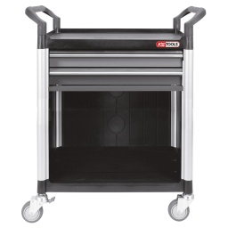 Montants en aluminium anodisé
Tablette et côtés en matière plastique résistante
Côtés et arrière fermés
Tiroirs montés sur glissières à roulement à billes
Sans vis - facilement assemblable
Ecartement entre les plateaux : 30 cm
Grande stabilité au sol
4 roues directionnelles Ø 100 mm dont 2 avec freins