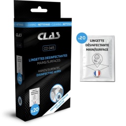20 lingettes désinfectantes pour les mains et les surfaces, qui ne nécessitent pas d'eau ni d'essuyage. Désinfectant à propriétés bactéricides, fongicides, virucides afin de réduire la contamination microbienne manuportée, l'hygiène des mains et des gants. Produit d'hygiène portatif. Présence de glycérine : évite le dessèchement de la peau en cas d'usages fréquents. Ne tâche pas, garanti sans colorant. Ne laisse pas les mains glissantes, ni collantes. Fonctions biocides pour la réduction des germes manuportés. Sèche rapidement, sans déshydrater ou desquamer l'épiderme. Pour un stockage à long Terme, les conserver dans une zone sèche, bien ventilée et éloignée de la lumière directe du soleil et du givre. Température de stockage recommandée 15°C - 30°C. Température d'application recommandée 20°C. Conservation 48 mois. Boîte de 20 lingettes en sachet individuel. Etat physique : gel thixotropique. réaction chimique : neutre. pH pur : 8 environ. Odeur : citron vert. Masse volumique : 890 g/l +/ - 20 g/l. Couleur : Incolore. Viscosité Brookfield à 16 °c : 2700 cps, mobile 5, vitesse 100 tr/min. Virucide : norme EN 14476. Fongicide : norme EN 1650. Bactéricide : norme NF EN 1276.
Lingettes désinfectantes pour les mains et les surfaces, ne nécessitent pas d’eau ni d’essuyage.
Désinfectant à propriétés bactéricides, fongicides, virucides afin de réduire la contamination microbienne manuportée, l’hygiène des mains et des gants.
Bénéficie d'un taux de TVA réduit en France.
Norme : EN 14476 / EN 1276 / EN 1650.
• produit d’hygiène portatif
• présence de glycérine : évite le dessèchement de la peau en cas d’usages fréquents
• ne tâche pas, garanti sans colorant
• ne laisse pas les mains glissantes, ni collantes
• fonctions biocides pour la réduction des germes manuportés
• sèche rapidement, sans déshydrater ou desquamer l’épiderme

Pour un stockage à long terme, les conserver dans une zone sèche, bien ventilée et éloignée de la lumière directe du soleil et du givre. Température de stockage recommandée 15°C - 30°C. Température d’application recommandée 20°C. Conservation 48 mois.
• boite de 20 lingettes en sachet individuel
• état physique : gel thixotropique
• réaction chimique : neutre
• pH pur : 8 environ
• odeur : citron vert
• masse volumique : 890 g/l +/ - 20 g/l.
• couleur : Incolore
• viscosité Brookfield à 16 °c : 2700 cps, mobile 5, vitesse 100 tr/min.
• virucide : norme EN 14476
• fongicide : norme EN 1650
• bactéricide : norme NF EN 1276 




Emballage individuel à emporter partout
À PROPOS DE LA MARQUE CLAS
Notre Marque CLAS « Garage Solutions » basée en Savoie (France), a été créée en 1996. Nous sommes depuis toujours un acteur innovant de l’équipement et de l’outillage technique pour véhicules légers, utilitaires et poids lourds. Aujourd’hui, nous évoluons vers un écosystème offrant des solutions globales, bénéfique pour l’ensemble de nos partenaires. Nous nous adaptons à vos besoins et budgets, en étant toujours plus simple et réactif avec des hommes et des femmes experts, passionnés, au cœur d’une digitalisation à votre service. Consolidant notre leadership en France, nous accélérons notre expansion afin de devenir un acteur clef à l’international. 