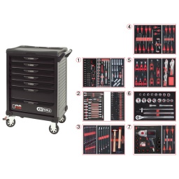 Servante One by One 7 tiroirs équipée de 337 outils
Système de fermeture centralisée par serrure latérale
Plan de travail en polypropylène (PP)
Ouverture individuelle et totale des tiroirs
Glissières à roulements à billes
Perforations normalisées pour fixation d'accessoires
4 roues robustes Ø 125 mm dont 2 directionnelles avec frein
Système anti-basculement
Fermeture automatique des tiroirs
Charge maximale par tiroir : 45 kg
Dimensions utiles des tiroirs : 
5 x H.55 x L.565 x P.400 mm
2 x H.130 x L.565 x P.400 mm
Plus d’information
Charge maximale (kg) :	500 kg
Charge maximale par tiroir :	45 kg
Code EAN :	4042146811993
Composition (nomenclature) :	823.0007 + 714.0337
Couleur :	Noir - noir
Diamètre des roues en mm :	125 mm
Dimensions :	L.680 x P.470 x H.1020 mm
Dimensions du plateau :	450x460 mm
Nombre de tiroirs :	7
Poids :	119,00kg
COMPOSITION :
713.1020 + 713.1024 + 712.5038 + 713.1026 + 711.1034 + 712.1013 + 713.5010 + 712.5028 + 713.2015 + 713.2017 + 713.5013 + 713.4014 + 713.1003 + 713.5006 + 713.3004 + 713.1101