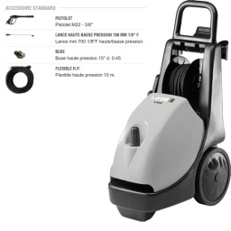 Nettoyeur haute pression pro, 
Pompe axiale 3 pistons revêtus céramique avec vanne by-pass incorporée 
Clapets aspiration / refoulement acier inox 
Réservoir du détergent pour aspiration indirecte 
Régulateur de pression 
Manomètre à bain de glycérine 
Enrouleur ﬂexible 
Support  d’accessoires 
Poignée ergonomique
- Pression 200/200 bar
- Débit 420l/h
- Puissance 3300w
- Temp entrée eau max 40C°
- Dimensions 59x37x87cm / 28kg
- Motopompe MPBX2 2800 RPM