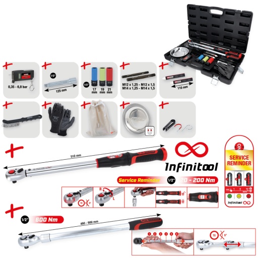 Kit MASTER pour service de changement de roues avec clé dynamométrique à cliquet INFINITOOL 1/2'' 20 – 200 Nm 18 pcs