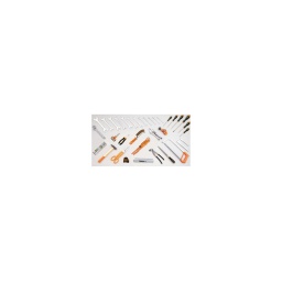 Composition outillage beta
- 35 outils
- spécial plomberie
burin plat 150 mm burin nervure 200 mm clés à fourches 6x7-8x9-10x11-12x13-14x15-16x17-18x19-20x22-21x23-24x27-25x28-30x32mm clé à molette. 200mm coupe-tubes pour tubes cuivre et alliages légers 3/30mm clé serre-tubes modèle suédois 320mm Pince étau universelle a machoires concaves 240 mm cisaille type américain coupe droite 300 mm ciseaux d'electricien
pince universelle 180 mm tournevis pour vis à fente 3x75-4x100-5.5x150-8x150mm tournevis pour vis a empreinte phillips ph1x80-ph2x100mm marteau de mécanicien 300g
Mètre pliant en fibre 2m
Mètre à ruban. 5m
niveau en aluminium 200mm lime demi-ronde demi-douce 200mm monture de scie à métaux
brosse métallique en fils d'acier
- qualité premium beta depuis 1939