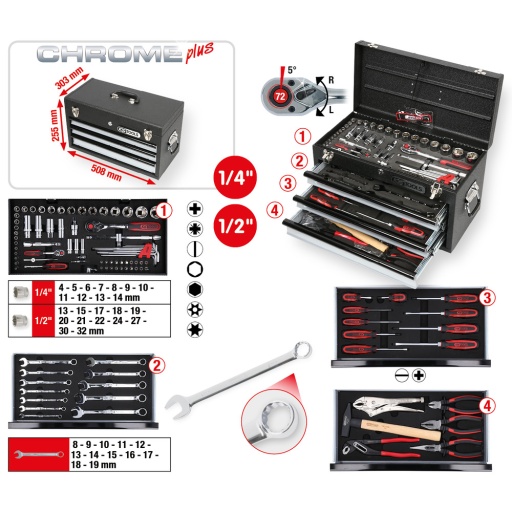 Coffret d'outils universels CHROMEplus 1/4'' + 1/2'' 99 pcs
