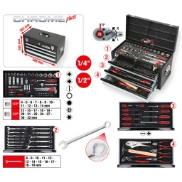 Avec 3 tiroirs et module supérieur
6 pans
Système FlankTraction
Finition chromée
Chrome Vanadium
Dans son coffre en acier