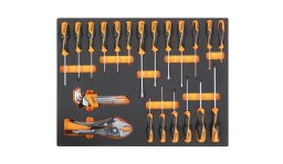 Composition pour mobilier C35
1260	tournevis pour vis à fente 2,5x50 - 3x75 - 3,5x100 - 4x100 - 5,5x100 - 5x125 - 6,5x150 mm	
1262	tournevis pour vis Phillips® PH0x60 - PH0x100 - PH1x80 - PH1x120 - PH2x100 - PH2x150 mm	
1267TX	tournevis pour vis Torx® T8 - T10 - T15 - T20 - T25 - T30	
1052	pince - étau à becs droits 240 mm	
96BPC/SC9	clés mâles 6 pans coudées à tête sphérique 
Dimensions des tiroirs 600x447mm