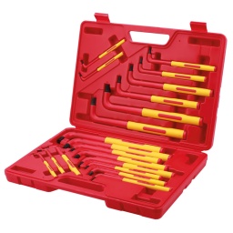 Jeu complet de clés étoile et 6 pans à manche long et entièrement isolées, certifiées CEI 60900 pour les travaux sous tension jusqu'à 1 000 V CA/ 1 500 V CC, idéal pour une utilisation par les électriciens, les électriciens automobiles ou les mécaniciens travaillant sur des véhicules hybrides et électriques. Les dimensions sont clairement marquées sur le côté pour une identification facile et le jeu est fourni dans une mallette de transport robuste pour un stockage sûr.

Les clés 6 pans comprennent : 2,5, 3, 4, 5, 6, 8, 10 et 12 mm.
Les clés étoiles (pour fixations Torx) comprennent : T10, T15, T20, T25, T27, T30, T40, T45, T50, T55 et T60.
Utilisation en toute sécurité pour l’opérateur à des tensions allant jusqu'à 1 000 V CA/1 500 V CC (homologués CEI 60900:2018).
Fabriquées en acier S2, avec poignées en polypropylène (PP) et en caoutchouc thermoplastique (TPR).
Fourni dans une mallette de transport robuste en plastique soufflé pour un rangement sûr.