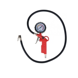 Gonfleur d'air pneumatique, 0-12 bar
Pour une utilisation à une main
Affichage en bar et psi
Bouton de gonflage et de dégonflage
Manomètre gainé de caoutchouc
Tuyau avec embout de gonflage intégré
Corps en matière plastique robuste
Plus d’information
Affichage :	Analogue
Filetage de raccord :	1/4"PT
Longueur du tuyau en mm :	1000 mm
Longueur totale L en mm :	120,0 mm
Plage de mesure en bar :	0 - 12 bar
Pression de service :	6,3 bar (90 psi)
Poids :	420 g