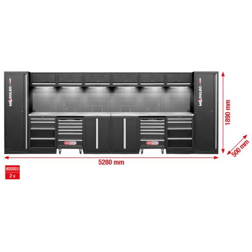 Mobilier d'atelier Moduleo droit 5280 x 500&nbsp;mm prise et eclairage compris
