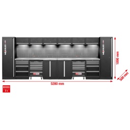 Structure robuste en t&ocirc;le d&rsquo;acier de 0,8&nbsp;mm d&rsquo;&eacute;paisseur
Rev&ecirc;tement par poudrage de haute qualit&eacute;
Syst&egrave;me modulaire
Aucune fixation murale n&eacute;cessaire&nbsp;: peut &ecirc;tre mont&eacute; de mani&egrave;re ind&eacute;pendante
Plan de travail en acier inoxydable de haute qualit&eacute; avec structure en MDF
6&nbsp;LED magn&eacute;tiques c&acirc;bl&eacute;s inclus pour un &eacute;clairage optimal de la zone de travail
2&nbsp;tapis d&rsquo;atelier de haute qualit&eacute; inclus
2&nbsp;combinaisons de prises commutables int&eacute;gr&eacute;es dans le panneau arri&egrave;re avec 4&nbsp;Schuko, 1&nbsp;USB-A et 1&nbsp;USB-C 2,1&nbsp;A
2 servantes d&rsquo;atelier int&eacute;gr&eacute;es avec 6&nbsp;tiroirs (4x 75&nbsp;mm, 2x 150&nbsp;mm)
2&nbsp;armoires basses avec 4&nbsp;tiroirs
Dimensions int&eacute;rieures des tiroirs&nbsp;: 568 x 407&nbsp;mm
Glissi&egrave;re &agrave; roulements &agrave; billes
2 x Armoire XXL avec 5&nbsp;&eacute;tag&egrave;res (1x fixe + 4x variables)
2&nbsp;armoires basses avec 2&nbsp;&eacute;tag&egrave;res (1 fixe + 1 variable)
6&nbsp;armoires suspendues avec 2&nbsp;v&eacute;rins &agrave; gaz pour chacune d&rsquo;entre elles
Panneau post&eacute;rieur avec perforation carr&eacute;e pour crochets, &oelig;illets et autre mat&eacute;riel de fixation (matrice du trou 10 x 10&nbsp;mm, d&eacute;coupe 38&nbsp;mm)
Capacit&eacute; de charge des tiroirs jusqu&rsquo;&agrave; 35&nbsp;kg
Capacit&eacute; de charge des armoires suspendues jusqu&rsquo;&agrave; 30&nbsp;kg
Capacit&eacute; de charge des &eacute;tag&egrave;res jusqu&rsquo;&agrave; 25&nbsp;kg
Instructions de montage et outils de montage inclus
Pieds r&eacute;glables pour un alignement pr&eacute;cis sur les sols irr&eacute;guliers
Les plinthes cachent les pieds de r&eacute;glage et emp&ecirc;chent l&rsquo;accumulation de salet&eacute;s
Composants verrouillables pour plus de s&eacute;curit&eacute;
