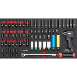 Composition
Douille choc xzn M5-M6-M8-M-M10-M12-M14-M16-M18
Douille choc torx T30-T40-T45-T50-T55-T60-T70-T80
Douille 6 pans mâle 5-6-8-10-12-14-17-19mm
Douille 150mm 17-19mm
Douille longue choc 10-11-12-13-14-15-16-17-18-19-21-22-24mm
Douille longue gainée 15-17-19-21-22mm
Douille choc courte 10-11-12-13-14-15-16-17-18-19-21-22-24mm
Extracteur spiralé 10-11-12-13-14-15-16-17-19mm
Cle dynamo 40 – 200 Nm 540 mm
Cle choc 1200nm v5671n
Module 750x393mm