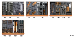 Composition de 146 outils pour la maintenance générale en plateaux thermoformés rigides en ABS
42	clés mixtes 6-7-8-9-10-11-12-13-14-15-16-17-18-19-20-21-22-24-27-30-32 mm	
55	clés à fourches 6x7-8x9-10x11-12x13-14x15-16x17-18x19-20x22 mm	
96/SC9	clés mâles 6 pans coudées 1,5÷10mm	
96T	clés mâles 6 pans à poignée en T 2-2,5-3-4-5-6 mm	
952	clés à béquille à cardan 7-8-10-12-13-14-17-19 mm	
920A	douilles 6 pans avec carré conducteur femelle 1/2" 10-11-12-13-14-15-16-17-18-19-20-21-22-23-24-26-27-30-32 mm	
920/21	rallonge - 1/2" 125 mm	
920/22	rallonge - 1/2" 255 mm	
920/25	cardan 1/2"	
920/42	poignée coulissante 1/2" 305 mm	
920/55	cliquet réversible 1/2" 
1084BM	Pince coupante diagonale à faible effort de coupe 160 mm	
1150BM	pince à becs demi-ronds longs 180 mm	
1166BM	Pince à becs demi-ronds longs 160 mm	
1032	pinces pour circlips intérieurs à becs droits 180 mm	
1034	pinces pour circlips intérieurs à becs coudés 170 mm	
1036	pinces pour circlips extérieurs à becs droits 175 mm	
1038	pinces pour circlips extérieurs à becs coudés 175 mm	
1052	pince - étau à becs droits 240 mm	
1048N	Pince multiprise entrepassée 250 mm	
1260	tournevis pour vis à fente 2,5x50 -3x75 - 3,5x100 - 4x125 -5,5x100 - 5,5x150 - 6,5x150 mm	
1262	tournevis pour vis Phillips® PH0x60 - PH0x100 - PH1x80 PH1x120 - PH2x100 - PH2x150 mm	
35	burins nervurés 100-200 mm	
1370	marteau de mécanicien 300 g	
1390	maillet à embouts nylon, manche en bois Ø 35 mm	
VP5	bac de rangement