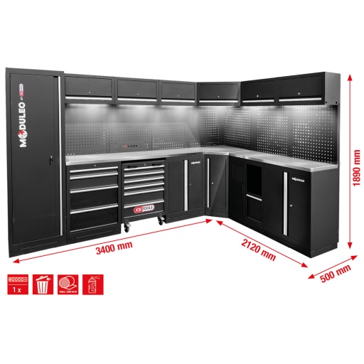 Mobilier d'atelier Moduleo forme en L 3400 x 2120&nbsp;mm variante&nbsp;2 prise et eclairage compris