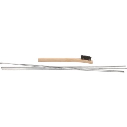 id&eacute;al pour r&eacute;parer des dommages l&eacute;gers sur des composants en aluminium
utilisable avec tous les alliages d&rsquo;aluminium, le zinc, le magn&eacute;sium, m&eacute;tal et aluminium coul&eacute;
&agrave; utiliser sans fondants ni produits chimiques
&agrave; utiliser uniquement avec un microbrasseur
avec brosse d'&eacute;tamage et 5 tiges de r&eacute;paration en aluminium
