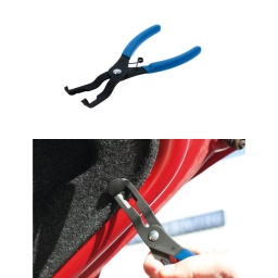 Pinces à ressort pour agrafes de garniture avec un décalage de 80 degrés, pour retirer les fixations de carrosserie en plastique à goupille-poussoir avec facilité et sans endommager la fixation ni la garniture autour. Les poignées à ressort et les mâchoires inclinées permettent une utilisation d'une seule main et un accès facile dans les espaces restreints.

Conçue pour le retrait des fixations à corps plastique à goupille-poussoir et des agrafes avec les piges de blocage centrales (y compris 4 et 2 rainures), sans endommager la goupille ni le corps.
Permet également de serrer doucement le corps de l'agrafe de garniture pour faciliter l'installation.
Longueur : 200 mm ; largeur des mâchoires : 70 mm.
En chrome molybdène, la poignée à ressort est enduite de vinyle pour une prise confortable.
Une pince à décalage de 30 degrés est également disponible, voir la référence Laser 8540.