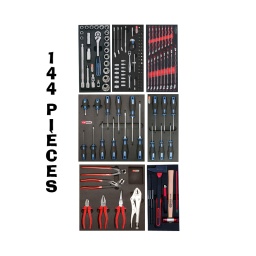 Compo outils 3 tiroirs 144 pièces kstools
composition 144 pièces :
module douilles 1/2 version 2016 :
- 1 cliquet 72 dents avec système push longeur 250mm - 2 rallonges 125-250mm - 1 cardan
- 1 adaptateur 3/8-1/2
- 17 douilles courtes 10-11-12-13-14-15-16-17-18-19-20-21-22-24-27-30-32mm - 2 douilles à bougies 16-21mm module douilles 1/4 :
- 1 tournevis cliquet 72 dents
- 1 cliquet 1/4 métal ten 125mm - 1 mini clé cliquet 1/4 x 1/4
- 1 adaptateur 1/4x4mm - 1 porte embout 4mm magnétique
- 1 poignée coulissante 1/4
- 1 rallonge entraînement 6pans 50mm - 3 clés cliquets réversibles 8-10-13mm - 1 rallonge 1/4" 150mm - 13 douilles : 4-4.5-5-5.5-6-7-8-9-10-11-12-13-14mm - 29 embouts de vissages 6.35mm 
3 fentes 4-5.5-7mm 3 phillips ph1-ph2-ph3
3 pozidriv pz1-pz2-pz3
7 torx t10-t15-t20-t25-t27-t30-t40
7 torx percé t10-t15-t20-t25-t27-t30-t40
6 6 pans 3-4-5-6-7-8mm - 20 micro embouts de vissages 4mm 
4 fentes 0.8-1.2-1.5-1.8mm 3 phillips ph0-ph00-ph000
3 pozidriv pz0-pz00-pz000
6 torx t3-t4-t5-t6-t7-t8
4 6 pans 0.7-0.9-1.3-1.5mm module 17 clés mixtes :
6 - 7 - 8 - 9 - 10 - 11 - 12 - 13 - 14 - 15 - 16 - 17 - 18 - 19 - 20 - 21 - 22 mm module 11 tournevis plats cruciformes :
- 6 tournevis plats 3-4-5.5-6.5-8-10mm - 2 court (38mm  6mm et ph2
- 3 cruciformes ph1-ph2-ph3
module 6 tournevis torx :
t10-15-20-25-30-40
module 6 pinces :
- 1 pince coupante de côté 165mm - 1 pince universelle 180mm - 1 pince bec demi rond 200mm - 1 pince étau 10" 250mm - 1 pince multiprise gainée  10" 250mm - 1 tenaille russe 250mm module martellerie :
- marteau mécanicien 500g (manche bois)
- 1 jeu de chasses goupilles 2-3-4-5-6-8mm - 1 cutter universel