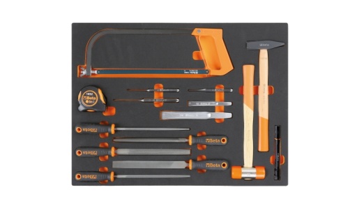 Plateau thermoformé souple avec outils à frapper, limes, outils de coupe et outils de mesurage