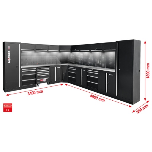 Mobilier d'atelier Moduleo forme en L 3400 x 4080&nbsp;mm variante&nbsp;2 prise et eclairage compris