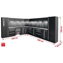 Structure robuste en t&ocirc;le d&rsquo;acier de 0,8&nbsp;mm d&rsquo;&eacute;paisseur
Rev&ecirc;tement par poudrage de haute qualit&eacute;
Syst&egrave;me modulaire
Aucune fixation murale n&eacute;cessaire&nbsp;: peut &ecirc;tre mont&eacute; de mani&egrave;re ind&eacute;pendante
Plan de travail en acier inoxydable de haute qualit&eacute; avec structure en MDF
8&nbsp;LED magn&eacute;tiques c&acirc;bl&eacute;s inclus pour un &eacute;clairage optimal de la zone de travail
Tapis d&rsquo;atelier de haute qualit&eacute; inclus
Combinaison de prises commutables int&eacute;gr&eacute;es dans le panneau arri&egrave;re avec 4&nbsp;Schuko, 1&nbsp;USB-A et 1&nbsp;USB-C 2,1&nbsp;A
Servante d&rsquo;atelier int&eacute;gr&eacute;e avec 6&nbsp;tiroirs (4x 75&nbsp;mm, 2x 150&nbsp;mm)
3&nbsp;armoires basses avec 4&nbsp;tiroirs (1x 75&nbsp;mm, 1x 150&nbsp;mm, 2x 230&nbsp;mm)
Dimensions int&eacute;rieures des tiroirs&nbsp;: 568 x 407&nbsp;mm
Glissi&egrave;re &agrave; roulements &agrave; billes
2 x Armoire XXL avec 5&nbsp;&eacute;tag&egrave;res (1x fixe + 4x variables)
3&nbsp;armoires basses avec 2&nbsp;&eacute;tag&egrave;res (1 fixe + 1 variable)
8&nbsp;armoires suspendues avec 2&nbsp;v&eacute;rins &agrave; gaz pour chacune d&rsquo;entre elles
Pi&egrave;ce d&rsquo;angle avec grand espace de rangement et &eacute;tag&egrave;re
Panneau post&eacute;rieur avec perforation carr&eacute;e pour crochets, &oelig;illets et autre mat&eacute;riel de fixation (matrice du trou 10 x 10&nbsp;mm, d&eacute;coupe 38&nbsp;mm)
Capacit&eacute; de charge des tiroirs jusqu&rsquo;&agrave; 35&nbsp;kg
Capacit&eacute; de charge des armoires suspendues jusqu&rsquo;&agrave; 30&nbsp;kg
Capacit&eacute; de charge des &eacute;tag&egrave;res jusqu&rsquo;&agrave; 25&nbsp;kg
Instructions de montage et outils de montage inclus
Pieds r&eacute;glables pour un alignement pr&eacute;cis sur les sols irr&eacute;guliers
Les plinthes cachent les pieds de r&eacute;glage et emp&ecirc;chent l&rsquo;accumulation de salet&eacute;s
Composants verrouillables pour plus de s&eacute;curit&eacute;
