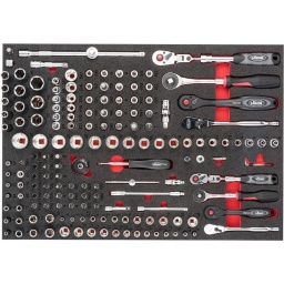 Module douille 1/4 3/8, 165 pièces
Compo 1/4 de 4 à 14mm
Compo 3/8 de 10 à 19mm
- 5 cliquets 1/4 : 150mm-176mm-composite-tête inclinable-paume
- 4 cliquets 3/8 : 198mm-237mm-composite-tête inclinable
- Dimension 563x393mm
- Dimension 563x393mm