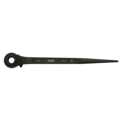 Clé double avec mécanisme à cliquet. 2 tailles couvertes par une clé - 16 et 18 mm. Idéale pour les échafaudages et la construction.