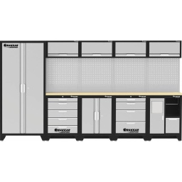 Mobilier d'atelier Drakkar 
-ROBUSTE :des meubles durables, conçus pour un usage industriel
-RAPIDE :montage aisé, assemblage simplifié = prêt à l’emploi dans un temps record
-FONCTIONNEL :Optimisez l'aménagement de votre atelier avec une approche alliant efficacité, praticité et esthétisme
Plusieurs hauteurs de tiroirs
Plateau de 38mm d'épaisseur
Verrouillage mécanique des tiroirs
Structure autoportée
2 Finitions de plateau largeur 463mm: BOIS (HÊTRE) OU INOX
Pieds réglables de série
Composition :
- armoire haute à 2 portes L.56 x l.32,5 x h.198cm - 77kg Réf.72611x1
- connecteurs de côté pour panneaux L.4,7 x l.4 x h.143,5cm - 1,5kg Réf.72614x9
- meuble bas 4 tiroirs L.74,9 x l.52 x h.98,7cm - 46,2kg Réf.72620x1
- meuble bas 5 tiroirs L.74,9 x l.52 x h.98,7cm - 46,2kg Réf.72621x1
- meuble bas 2 portes L.74,9 x l.52 x h.98,7cm - 28kg Réf.72622x1
- meuble bas pour poubelle - essuie tout L.74,9 x l.52 x h.98,7cm - 34,7kg Réf.72624x1
- meuble haut L.74,5 x l.33,7 x h.42cm - 10kg Réf.72631x4
- panneau perforé - trous carrés L.62,9 x l.3,6 x h.106,6cm - 5,3kg Réf.72635x4
- plan de travail droit x2 L.1361x463x38mm

HAUTEUR
2000mm
DIMENSIONS LGXLGXH
3635x488x2000mm
POIDS
444,95KG